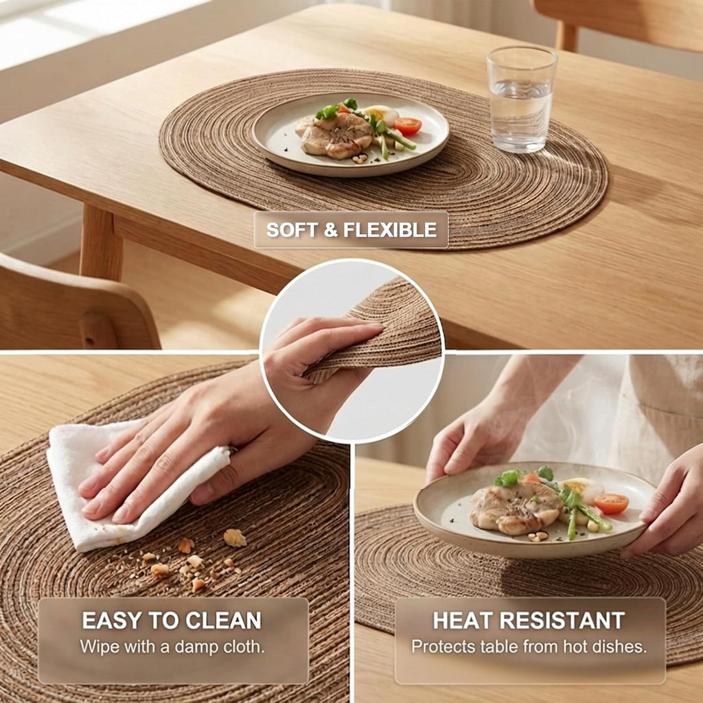 Placemats, Woven Oval Braided Dining Table Mats(Brown) - Set of 6