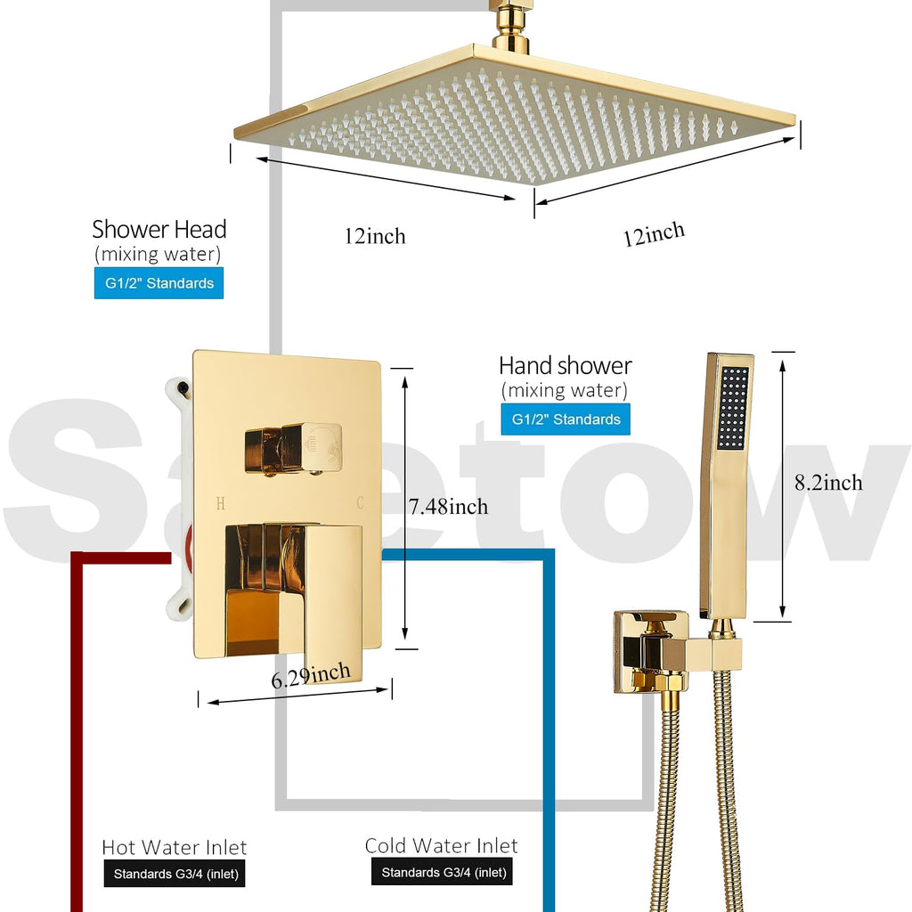 Polished Gold Shower System 12 Inch LED Square Rainfall Shower Head Ceiling Mount Shower Faucet Set with Hand Sprayer