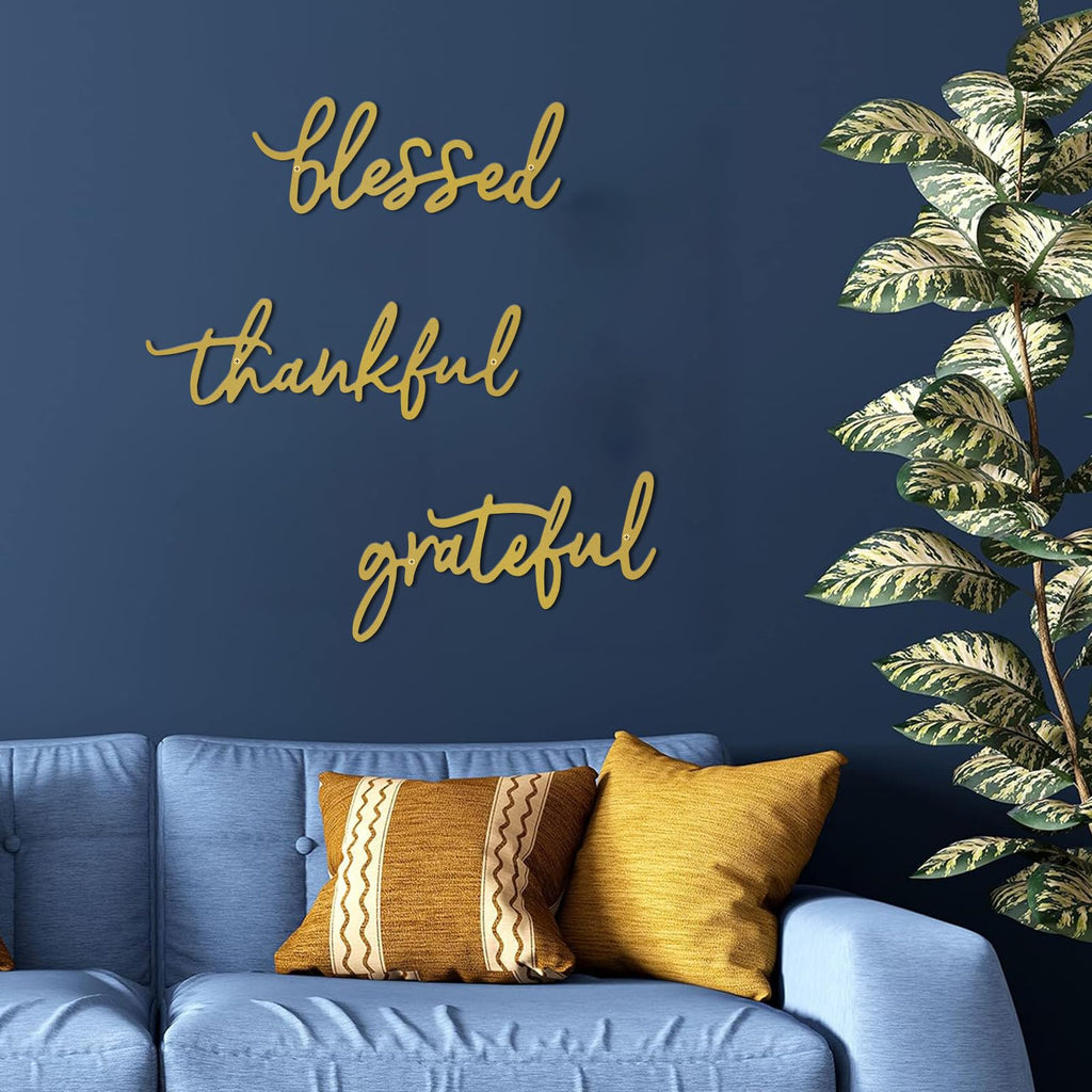 Thankful Grateful Blessed Letter Sign Metal Wall Decor, 3 Piece Gold Letters Wall Art Bedroom Metal Words Wall Decor