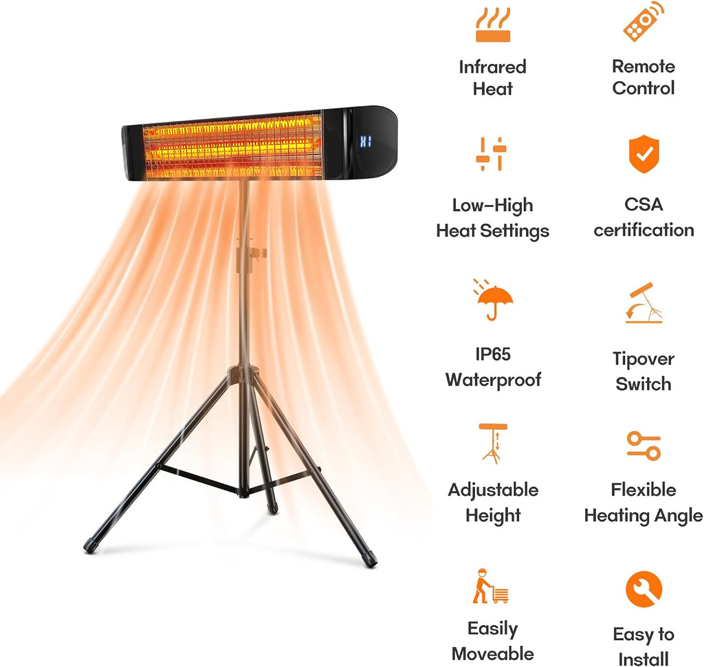 Outdoor Electric Infrared Patio Heater, 1500W | Wall/Portable Tripod Mount, Outdoor/Indoor, Waterproof, Remote