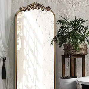 Large Gold Antique Mirror, Tall Arched Floor Mirror,Ornate Design Vintage Wall Mirror Decor,Fireplace 18"X53"