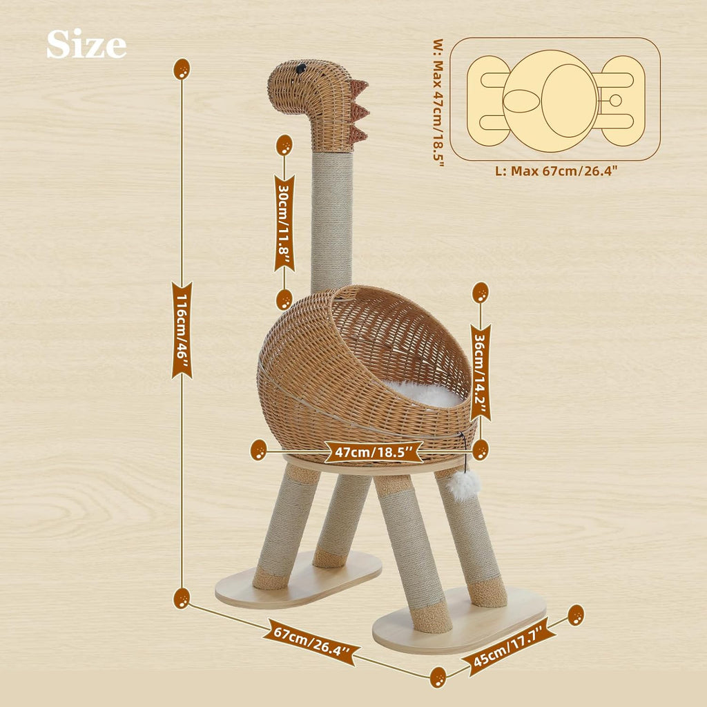 Dinosaur Cat Tree 46" Cat Scratching Posts with Large Rattan Bed