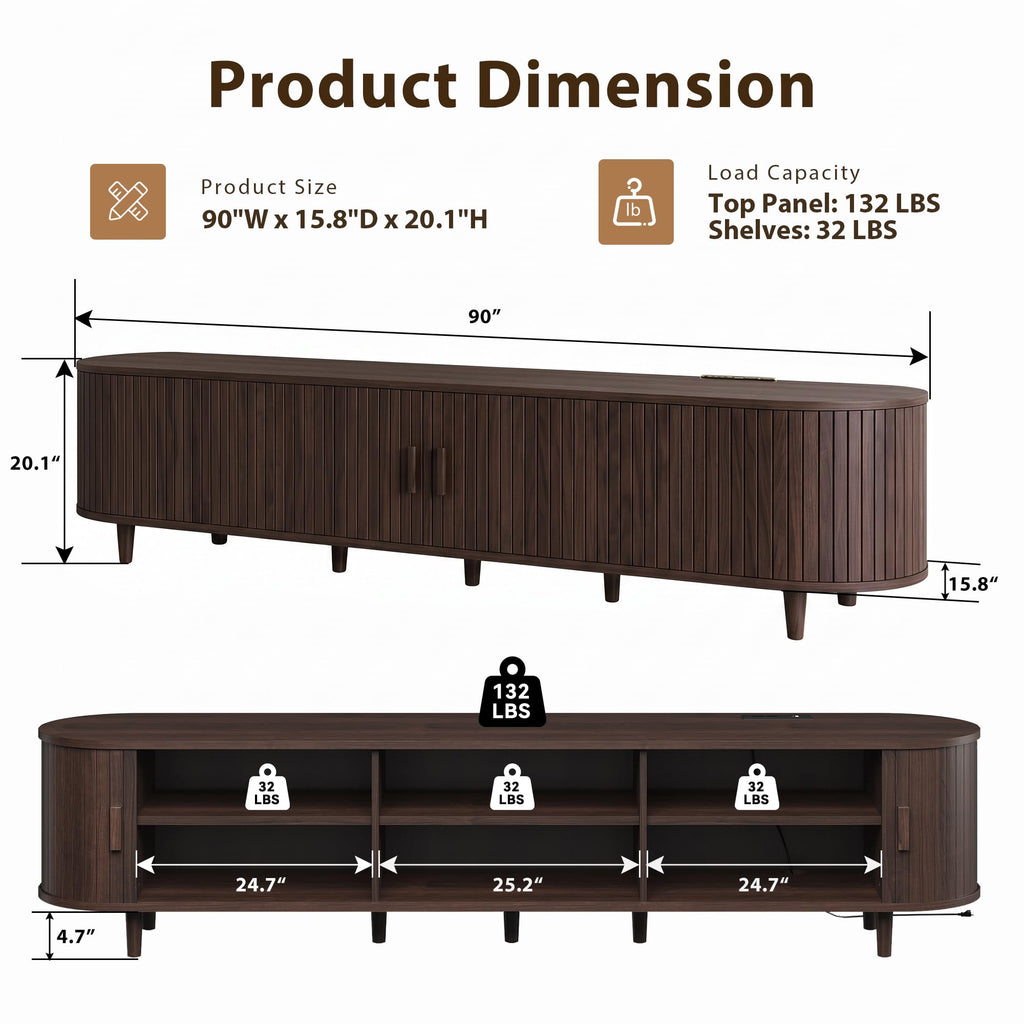 90" Mid-Century Modern TV Stand with Sliding Doors, TV Consoles with Power Outlet, Fluted Entertainment Center with
