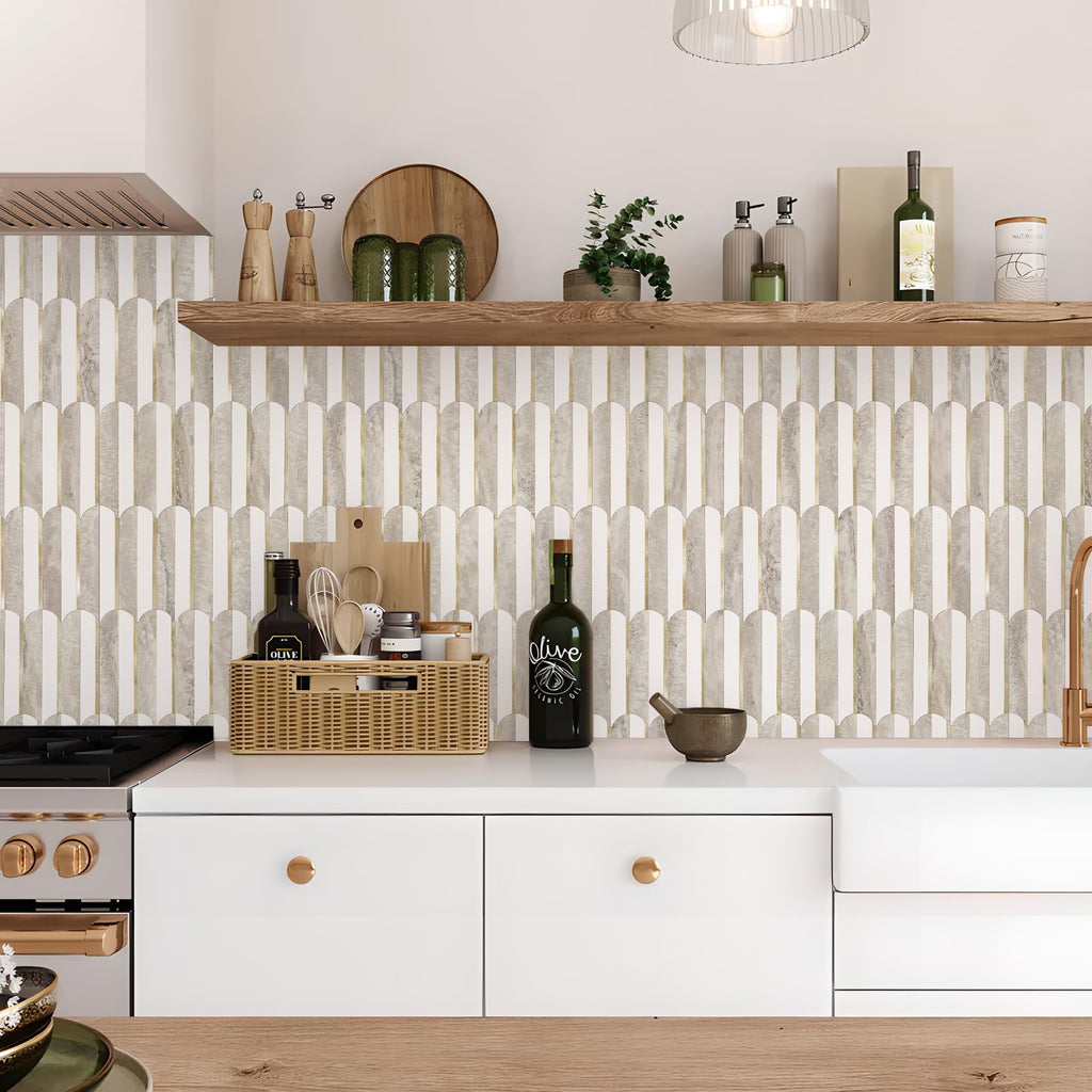 Peel and Stick Backsplash Seamless Tile ,White and Beige Slate PVC Mixed Light Gold Self Adhesive Fish Scale Metal