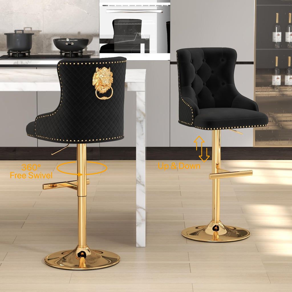 Velvet Bar Stool Set of 1, Back Lion Ring with Rhomboid Pattern