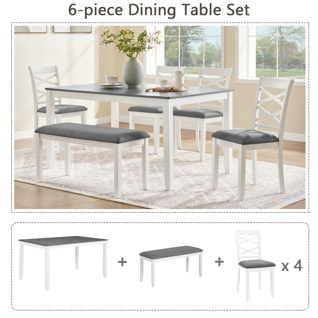 6-Piece Modern Dining Table Set with Chairs and Bench, Wood Kitchen Table Set for 4-6, Rectangular Kitchen Dining