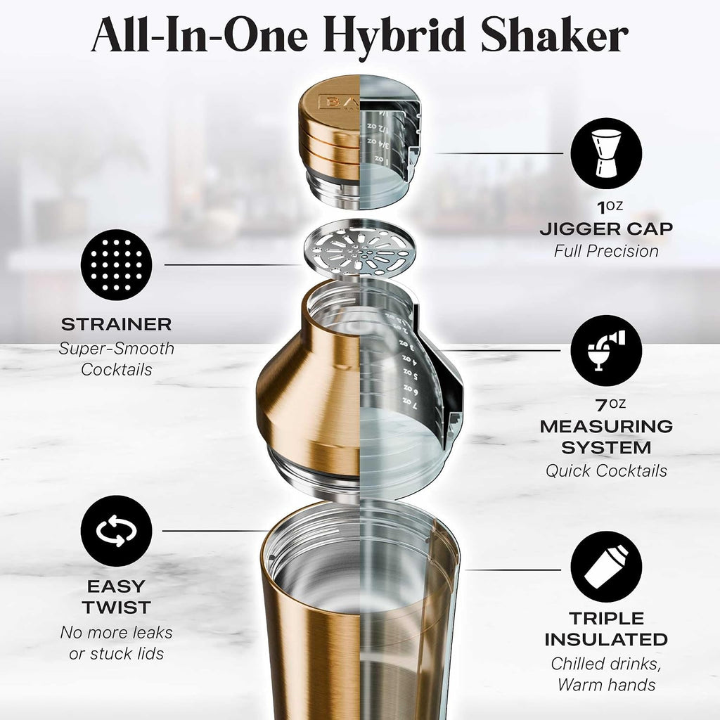 Insulated Cocktail Shaker Set | Double Wall Stainless Steel | Martini Shaker Bar Bartending | Built-in Drink Measure