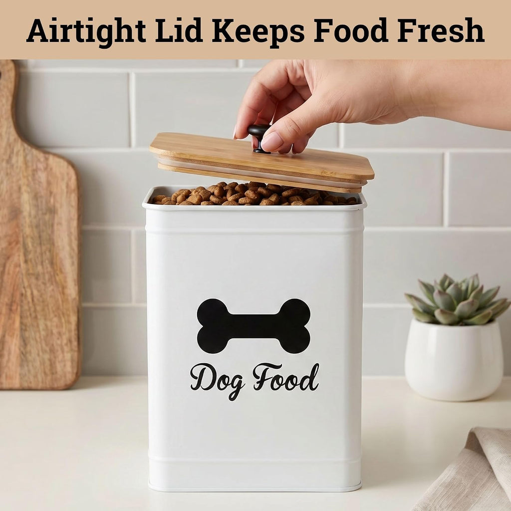 Metal Dog Food Container 5-7lb, 25 Cup w/ Airtight Bamboo Lid, Metal Handle