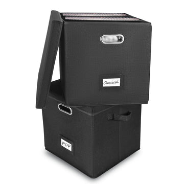 Vinyl Record Storage Box Set of 2 - Album Storage Holds 100+ Single Records