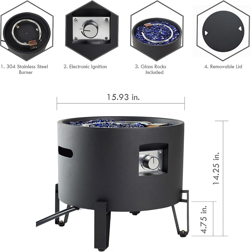 Portable Propane Fire Pit for Camping RV 50,000 BTU Round 15'' H x 16'' W Portable Gas Firepit W/Lid