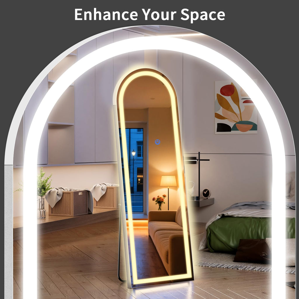 Arch Full Length Standing Mirror with LED Lights, 56"x20" Lighted Mirror with Dimming & 3 Color Lighting, Tall Mirror