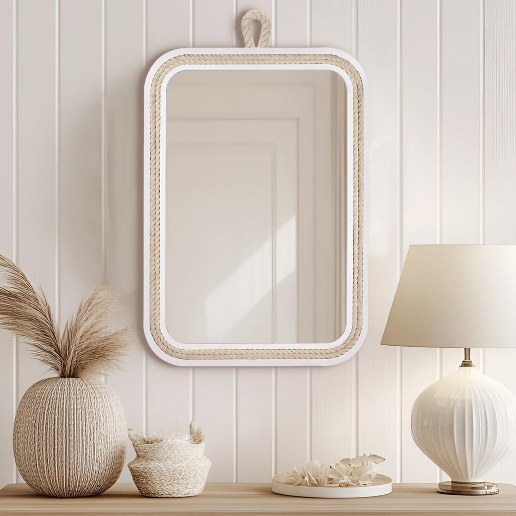 Nautical Rope Mirror Rectangle Wooden 22''Lx16''W White Decorative Mirror Farmhouse Hanging -Beachy Coastal Wall