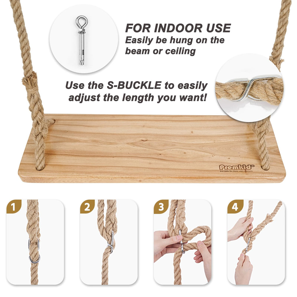 Hanging Wooden Tree Swing with Adjustable Hemp Rope and Tree Straps