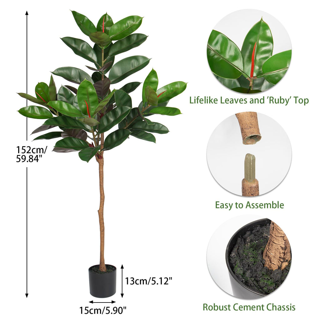 5FT Tall Fake Tree Plant Decor, Artificial Rubber Tree Indoor Floor Plant, Large Faux Ficus Tree Potted Fake Tropical