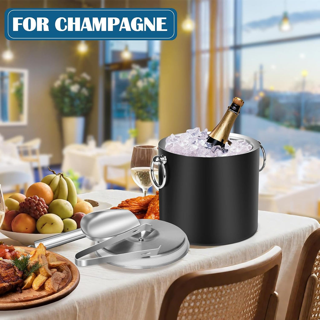 Ice Bucket with Lid & Tong- Well Made Insulated Stainless Steel Keep Ice Frozen Longer