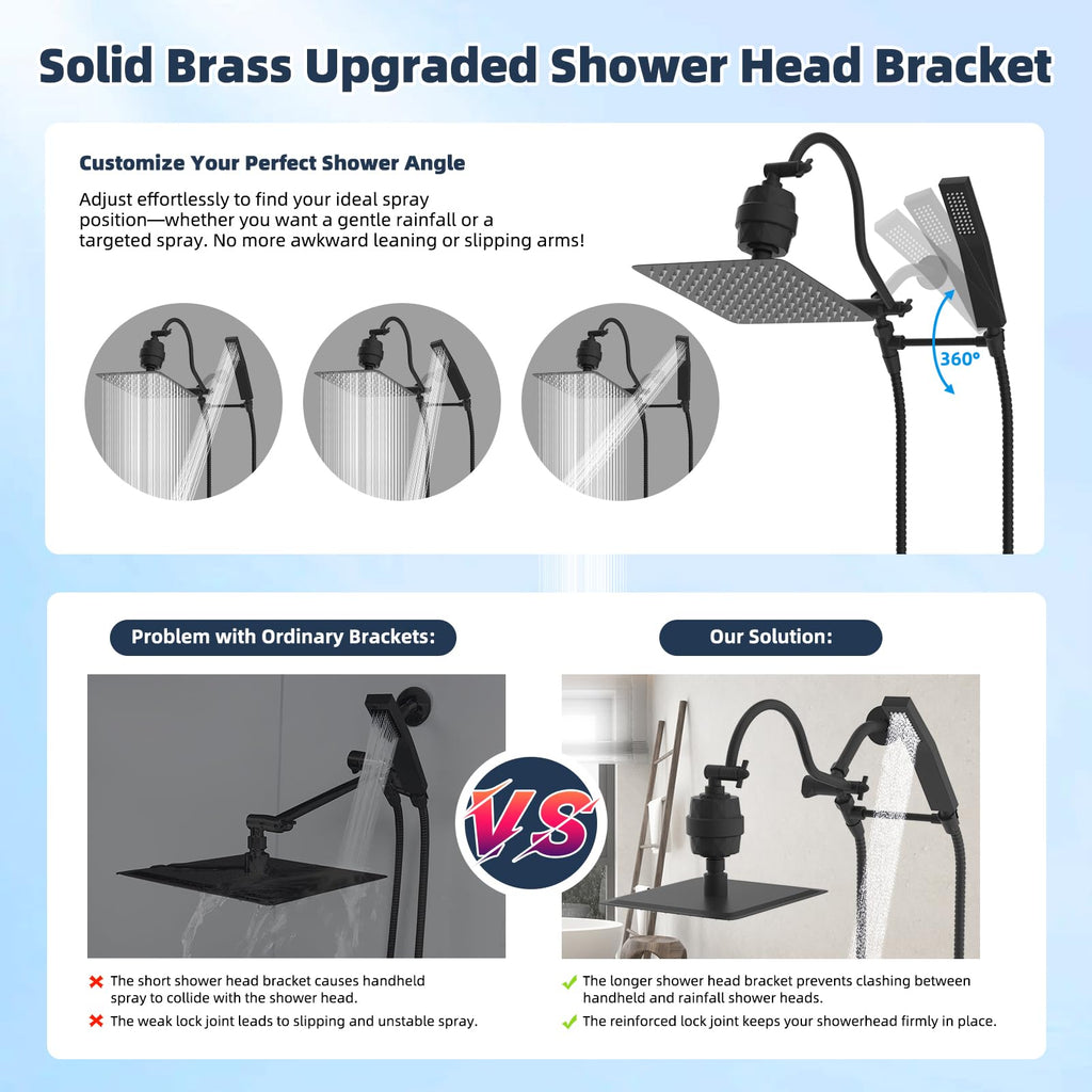 All Metal 10'' Filtered Rainfall Shower Head Combo, High Pressure Handheld Shower Wand, 12'' Adjustable Extension