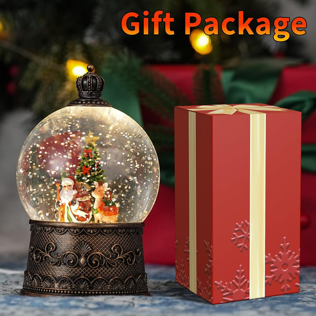 Snow Globe with Santa with Reindeer, Light Up Christmas Snow Globes with Music Timer - USB Plug or Battery Operated