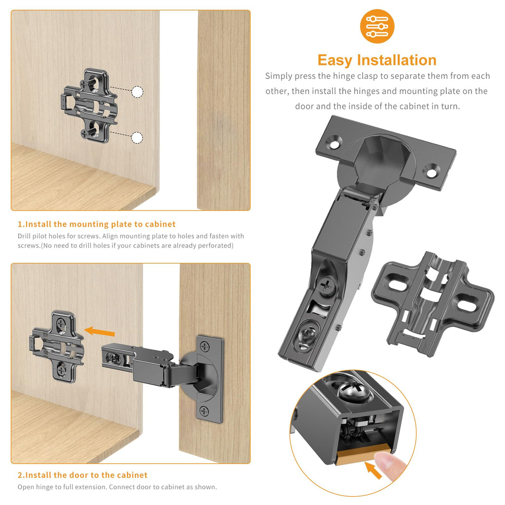 20 PCS Inset Soft Close Hinges, Clip ON Plate, 105 Degree, Silent Hydraulic, Self Closing, Black Frameless European