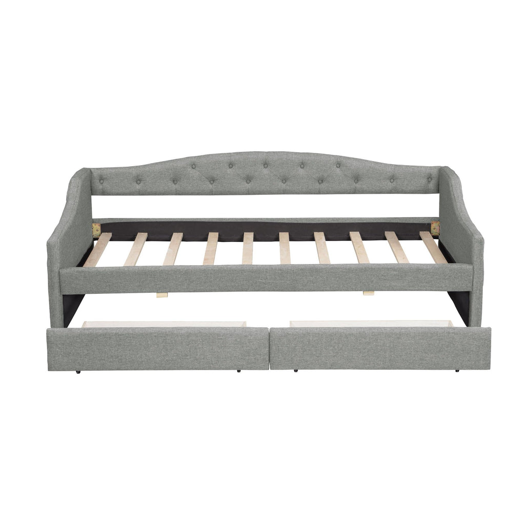 Twin XL Upholstered Daybed with LED Lights, Twin XL Corner Daybed Frame with Drawers, Linen, Light Gray