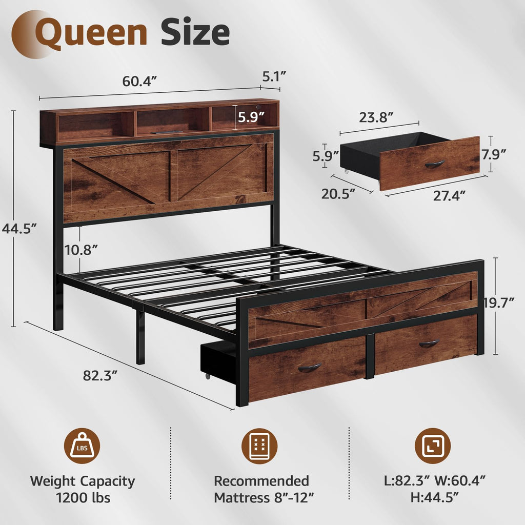 Rustic Bed Frame with Storage Drawers, Farmhouse LED Bed Frame with Barn Door Headboard and Charging