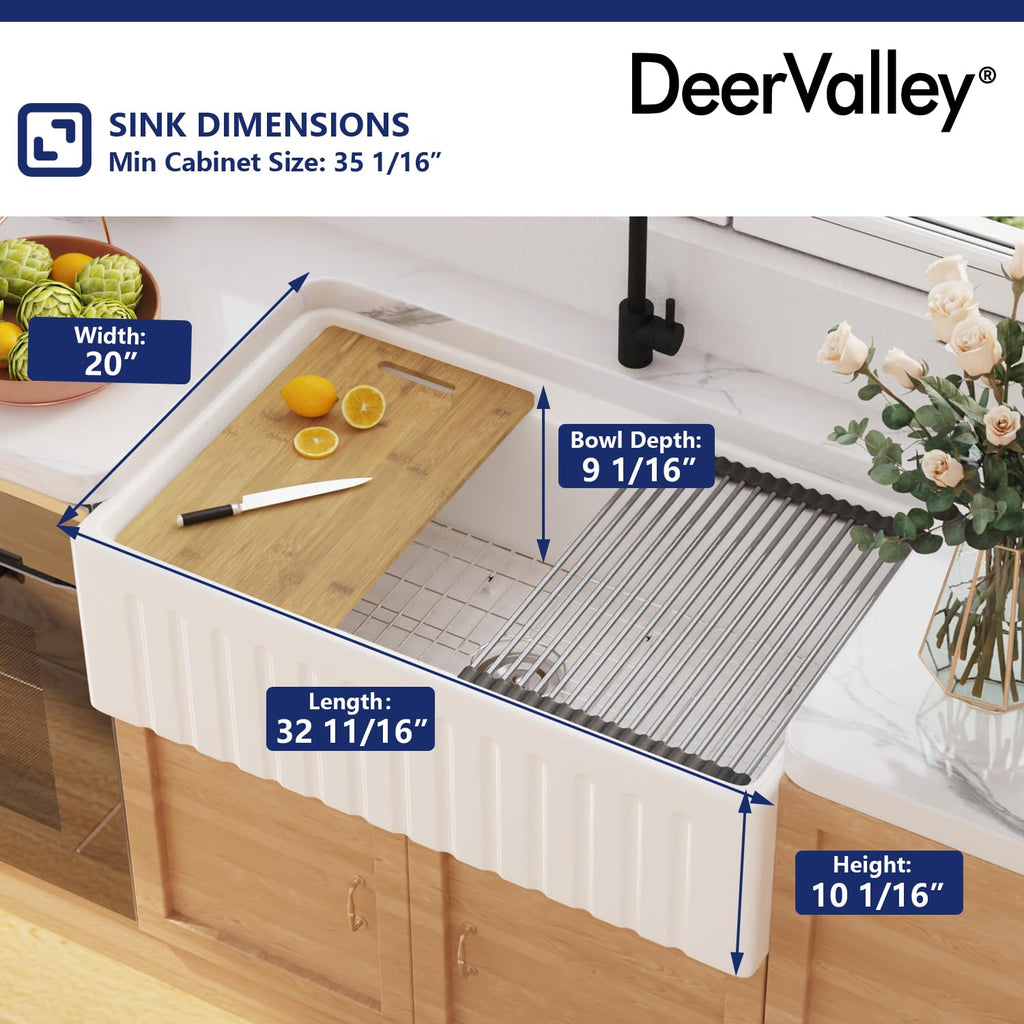 33 Inch White Ceramic Farmhouse Workstation Sink