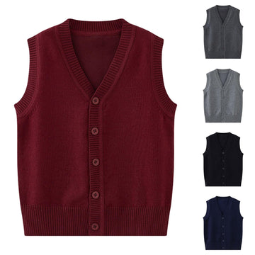 Knit Vest Boys Girls Button‐Up School Uniform Sleeveless Sweater Grey