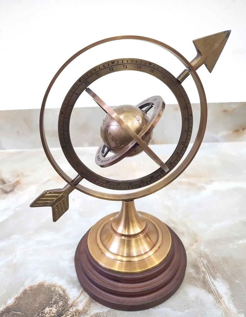 Decorative Brass Armillary Sphere Sundial, Antique Bronze and Wood Base, Celestial Globe Design, Desktop Nautical