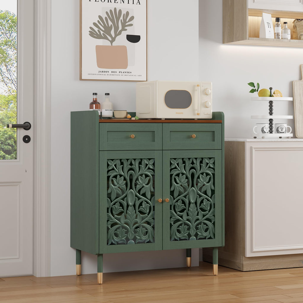 2 Door Retro Carving Sideboard Buffet Cabinet with 1 Drawer, Green