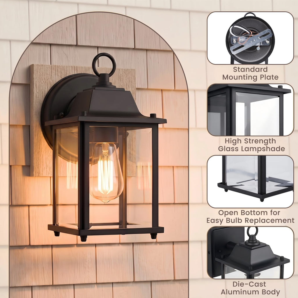 8.2" Outdoor Porch Light E26 Aluminum Glass Black, 2 Pack