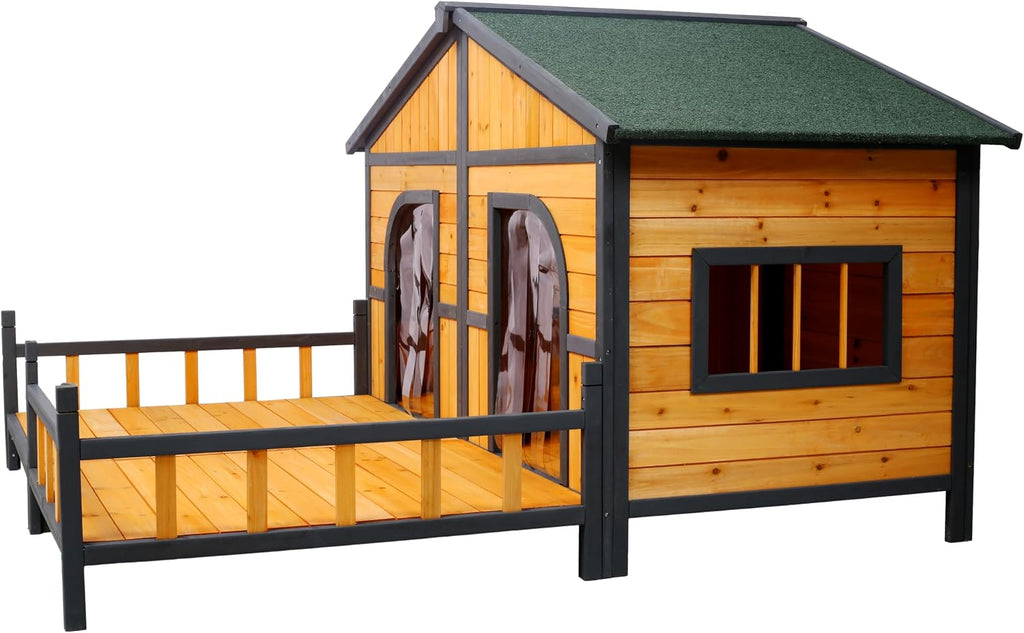 Double Dog House for 2 Dogs, Weatherproof Outdoor Wooden Dog House