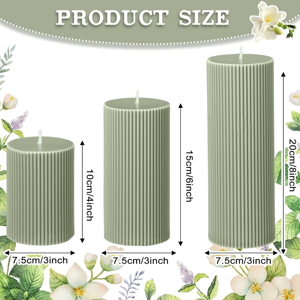 Ribbed Pillar Candles, Width 3" High 4" 6" 8", Bean Green - Set of 3