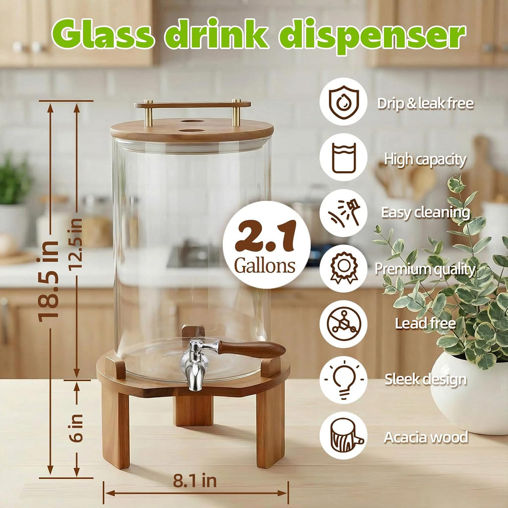 Beverage Dispenser, 2.1Gallon Glass Drink Dispenser with Stand, Stainless Steel Spigot
