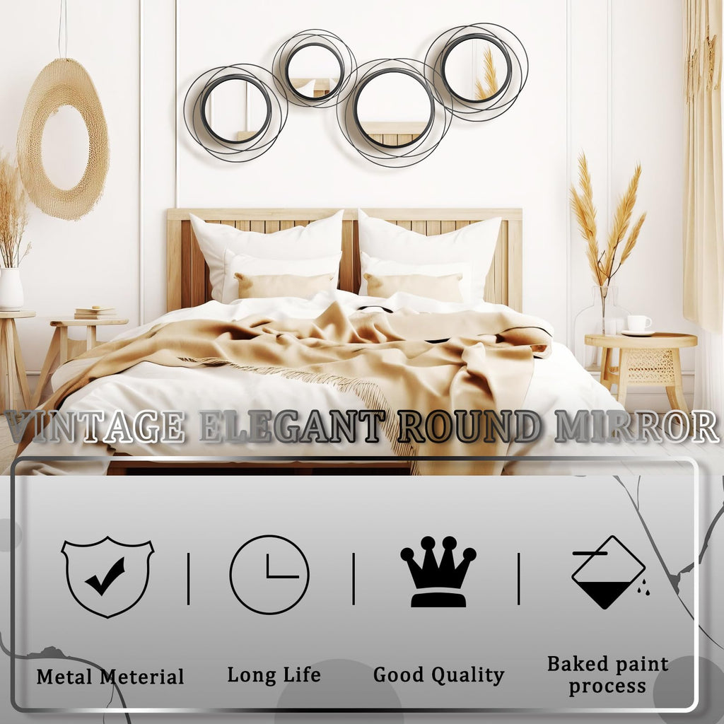 4 Pcs Decorative Round Modern Circle Mirror Wall Art Ring Metal Mirror Wall Mounted (Black)