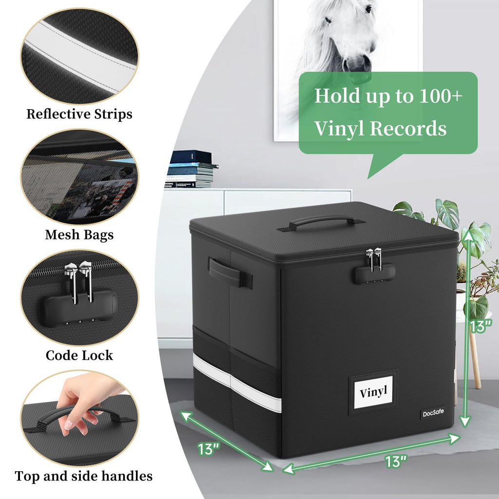 Vinyl Record Storage Box with Lock, Fireproof&Water Resistant Record Organizer Storage for 100+ Single