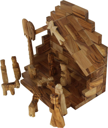 Land Market Olive Wood Nativity Scene - Inspirational Indoor Nativity Set with Plain Roof Stable, 12 Hand-Carved