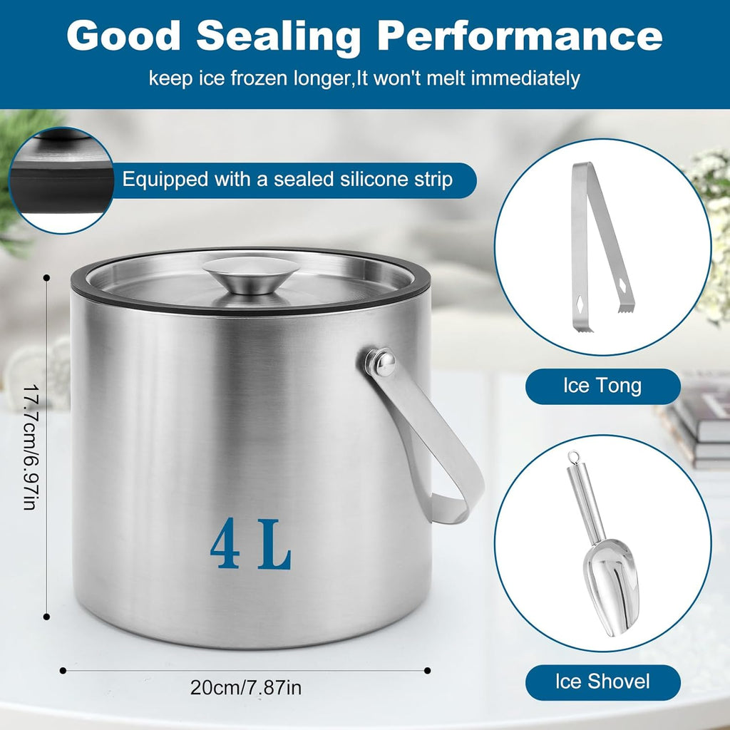 Ice Bucket, 4L Double Wall Insulated Ice Bucket with Lid,Scoop,Tongs- Inner Layer 304 Stainless Steel Ice Container