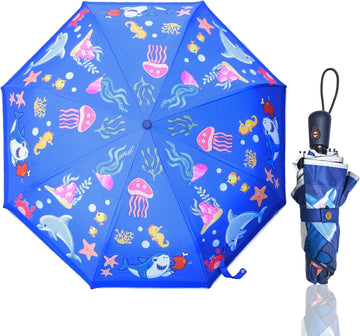 Kids Automatic Umbrella with Cartoon Print & Reflective Strip,easy One-Button Open Close, UPF 50+ Sun & Wind
