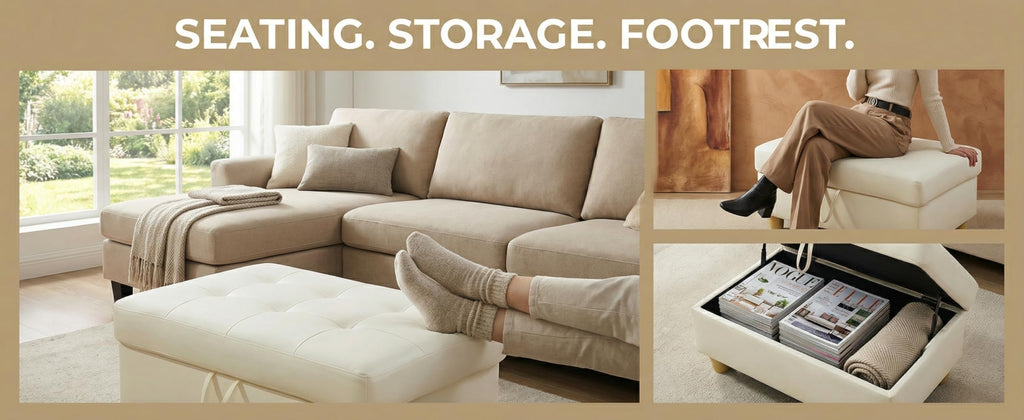 Large Faux Leather Ottoman Foot Rest Stool with Storage, 33 in x 22 in x 17 in Stylish Storage Bench Accent Piece