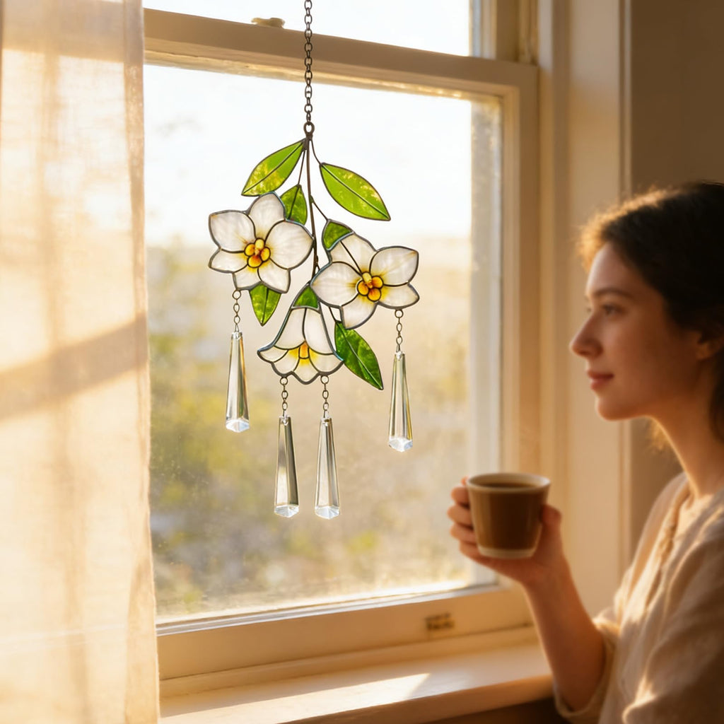 Stained Glass Plumeria Flower Suncatcher, Window Decor with Crystal Prisms