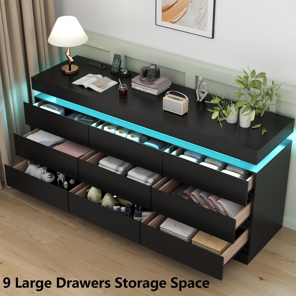 9 Drawer Dresser with Power Outlet, Modern Dresser with LED Light
