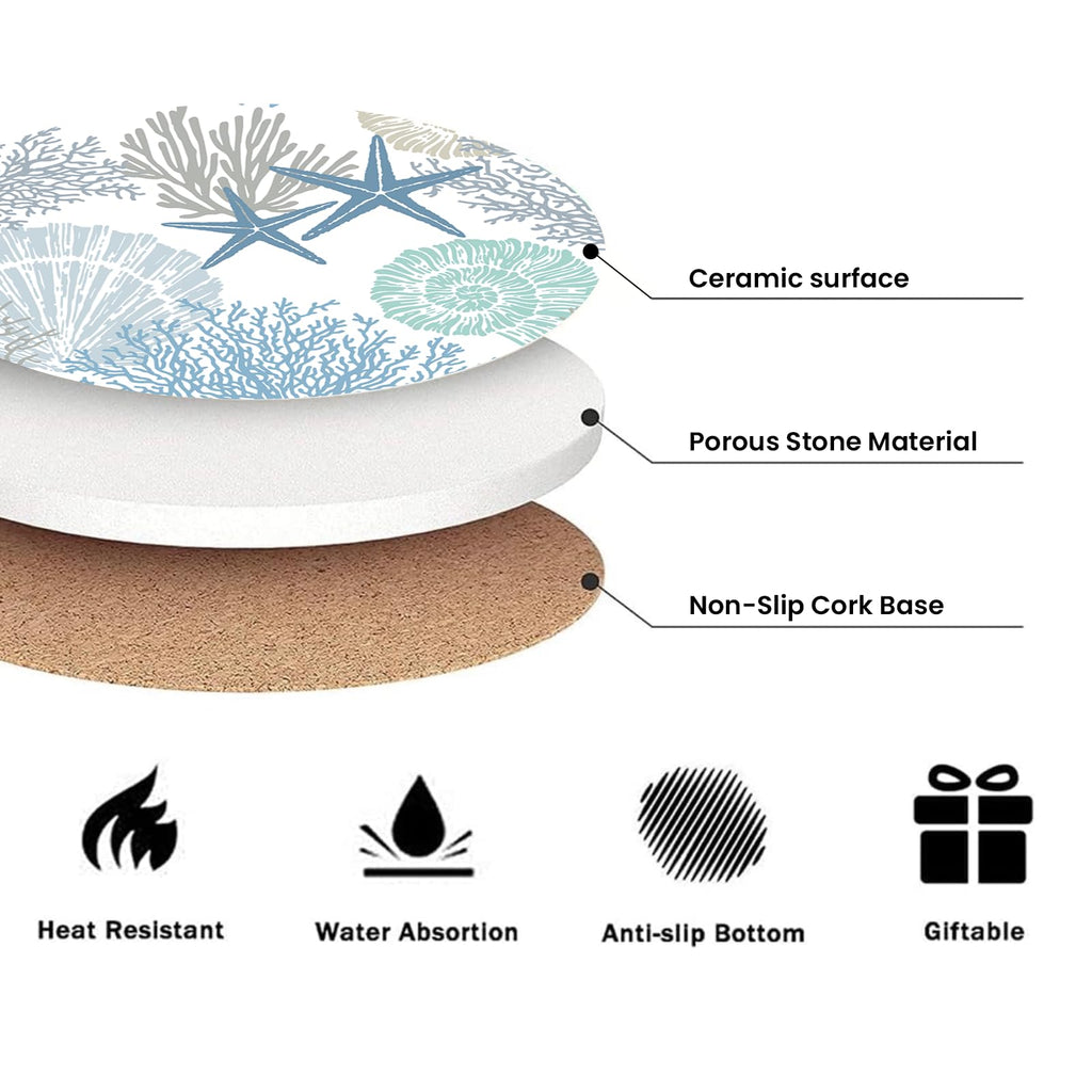 Nautical Coastal Coasters for Drinks Set of 6, Round Absorbent Ceramic Stone Coaster with Metal Holder Stand, Beach