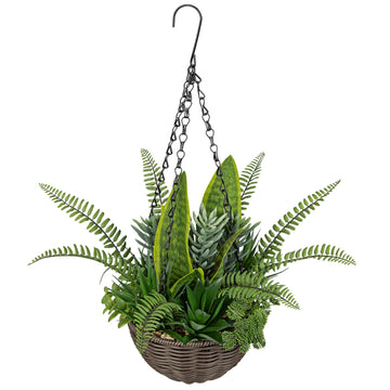 Artificial Hanging Plants Basket, Faux Snake Plants Fern Succulent Mix with Coconut Fiber Liner, Fake Hanging Plant