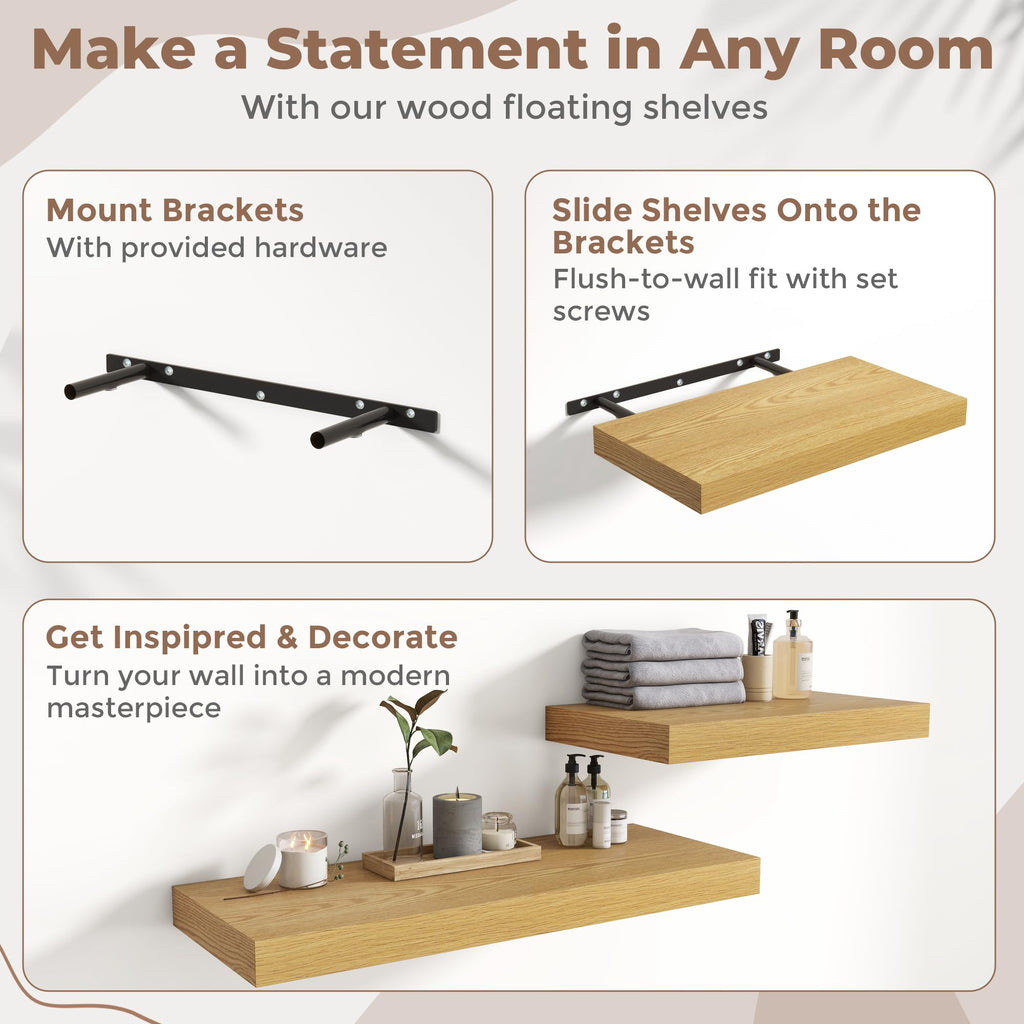 16 Inch Floating Shelves for Wall 2 Pack, 12"D Wood Gra Shelves