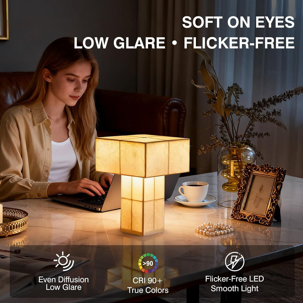 Cordless Small Table Lamp, USB-C Rechargeable Touch Dimmable Bedside Lamp with Handcrafted Fiber Shade