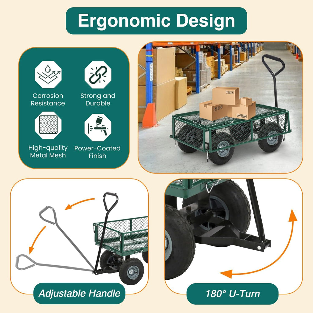 Heavy Duty Garden Cart with Wheels | Green | 500lbs Capacity | Corrosion Resistant Utility Cart with Adjustable Side