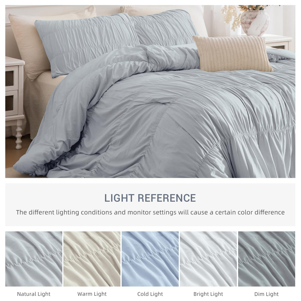 Comforter Set Light Blue Ruched Bedding Comforter Sets, Ultra Soft Ruffle Fluffy 106"*95" Shabby and