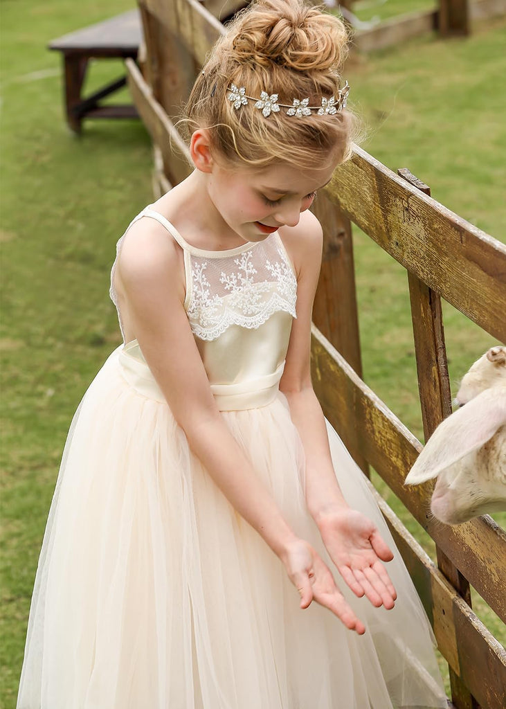 Lace Back Flower Girl Dress Kids Summer Wedding Birthday Hoilday Tea Party Dress
