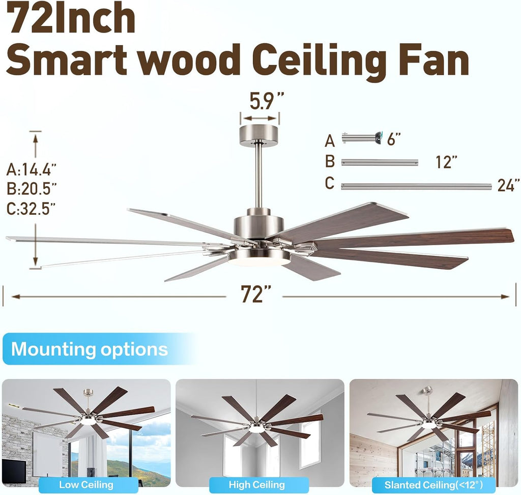 72Inch Large Brushed Nickel Ceiling Fans with Light and Remote Control,8 Wooden Blades,6-Speeed,3CCT