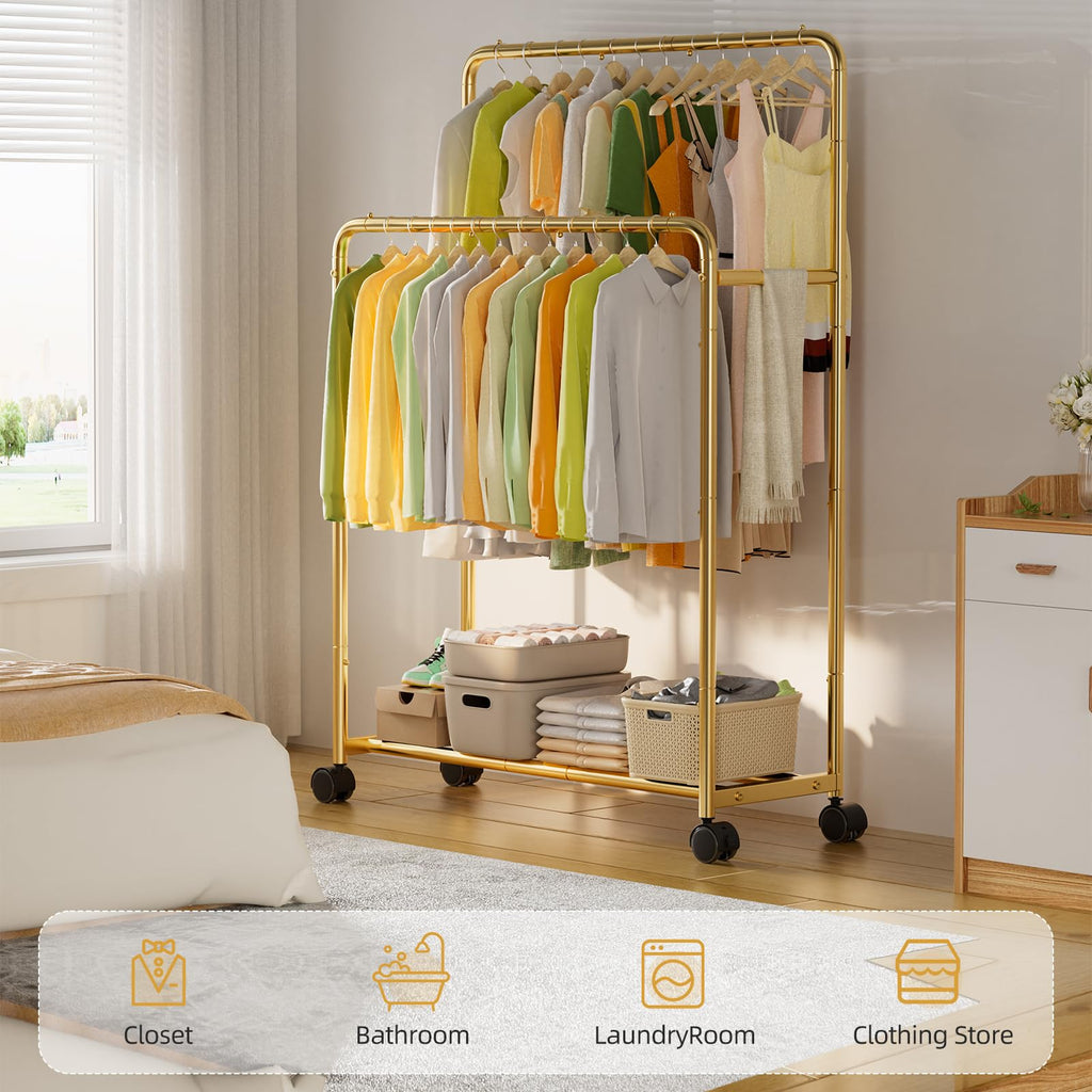 Trending Clothing Clothes Rack Double Rods with Wheels, Rolling Metal Garment Rack for Hanging, Gold
