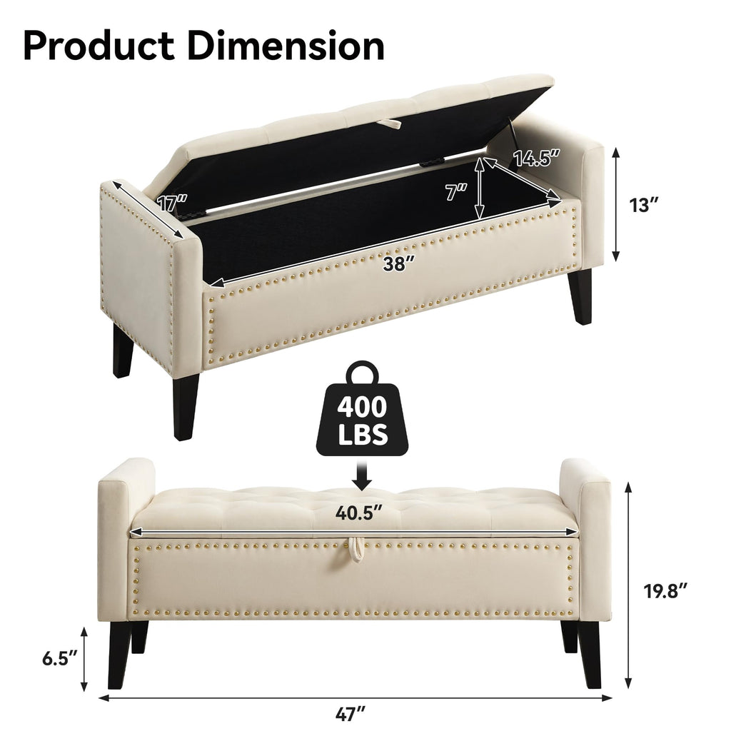 47" Velvet Storage Bench, Upholstered Bed Bench with Storage, End of Bed Ottoman with Wooden Legs, Bedside Storage
